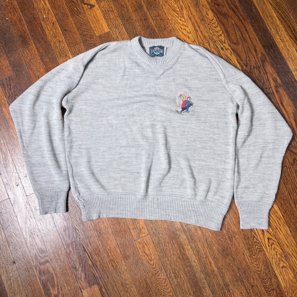 Jantzen Mens Gray Embroidered Golf Graphic Crewneck Knit Pullover Sweater L